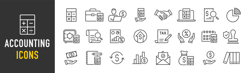 accounting web icon in line style. assessment, calculator, check mark, auditing, inspection, investm