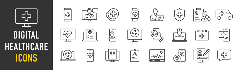 Digital Healthcare web icon set in line style. Online consultation, medical app, results, doctor appointment, health, lifestyle, collection. Vector illustration.