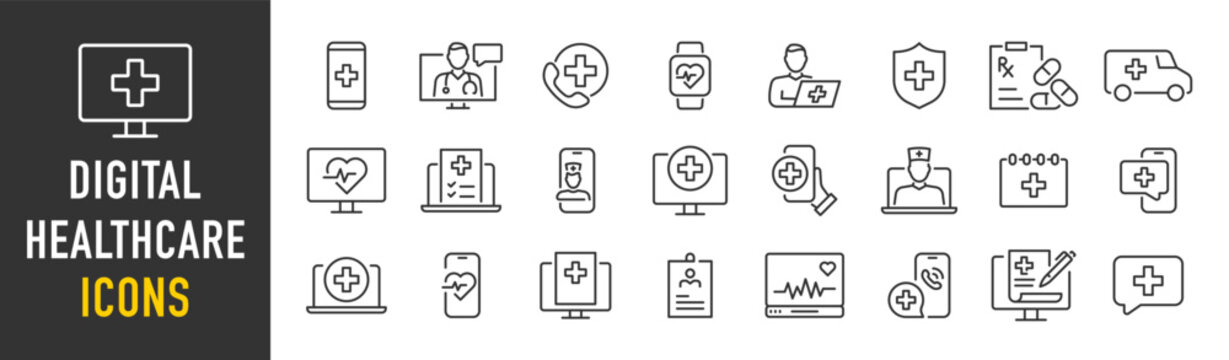 digital healthcare web icon set in line style. online consultation, medical app, results, doctor app