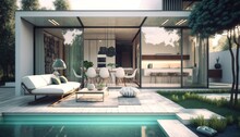 Modern Patio Outdoor With Swimming Pool. Modern House Interior And Exterior Design	
