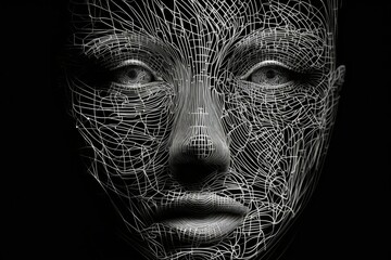 Front view of abstract 3D wireframe human head isolated on black background 