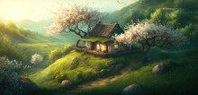 On A Sunny Day, The Morning Sun Shines On The Tender Green Rolling Hillside, And There Is A Small Wooden House With Chinese Rural Characteristics, Peach Trees, Plum Trees, Tender Green Grass AI-Genera