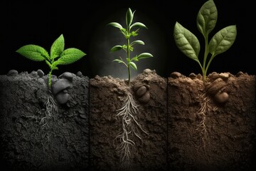 Cross section of three plants growing in soil on dark background