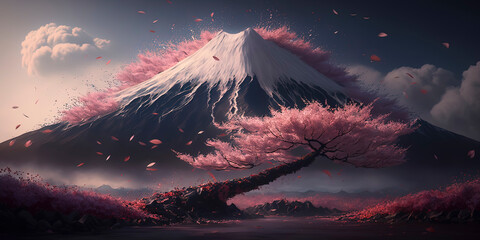 mount fuji and billowing scattered sakura petals