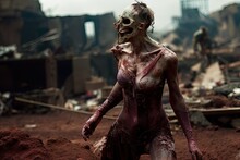 Generative AI Female Zombie Walking In A City Destroyed By The End Of Time, Detachment Of Flesh, Blood And Broken Bones.