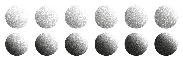 round shaped dotted objects, stipple elements. fading gradient. stippling, dotwork drawing, shading 