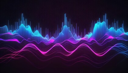3d render, pink blue wavy neon lines, electronic music virtual equalizer, sound wave visualization, 