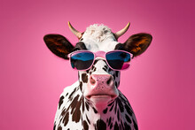 Funny Cow With Sunglasses In Front Of Pink Studio Background, Concept Of Humor And Quirkiness, Created With Generative AI Technology
