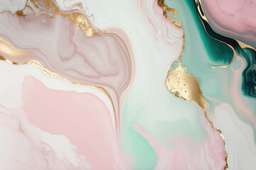 Wall Mural - Pink, green and gold marble background. Liquid marble texture. Pastel marble wallpaper.