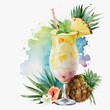 Watercolor summer illustration of a Pina Colada cocktail and pineapple. Tropical alcohol cocktail isolated on white background. Generative AI art.