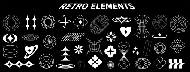 Set Retro futuristic and wireframe elements for design. Collection of abstract graphic geometric symbols. Templates for posters, banners, stickers	