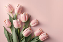 Beautiful Composition Spring Flowers. Bouquet Of Pink Tulips Flowers On Pastel Pink Background. Valentine's Day, Easter, Birthday, Happy Women's Day, Mother's Day. Flat Lay, Top View, Copy Space