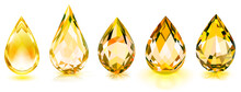 Set of big crystal drops in yellow color with glares and shadows