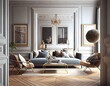 Elegant Parisian style living room with hight ceilings and parquet floor, generative ai