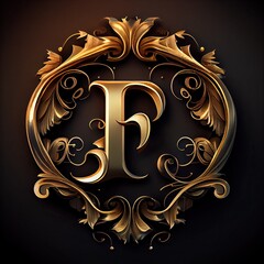 f letter in a golden monogram relief, generative AI