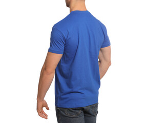 Wall Mural - Man wearing blue t-shirt on white background, closeup. Mockup for design