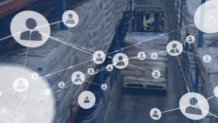 Poster - Animation of network of profiles over african american male worker operating forklift at warehouse