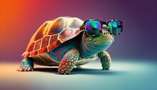 Cool Turtle With Sunglasses On Colorful Background - Generative AI