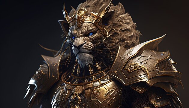 a fierce lion warrior digital art illustration, Generative AI