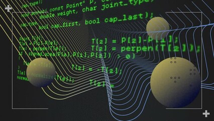 Wall Mural - animation of glitch effect over abstract shapes and data processing against black background