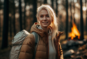 young adult woman is outdoors in nature in the forest with a camping tent and a campfire, wearing jacket and a hiking backpack. Generative AI