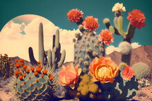 Muted Pastel Collage Of Flowers And Cacti Under The Moon In The Desert, Faded Aesthetic Vibe, Generative Ai