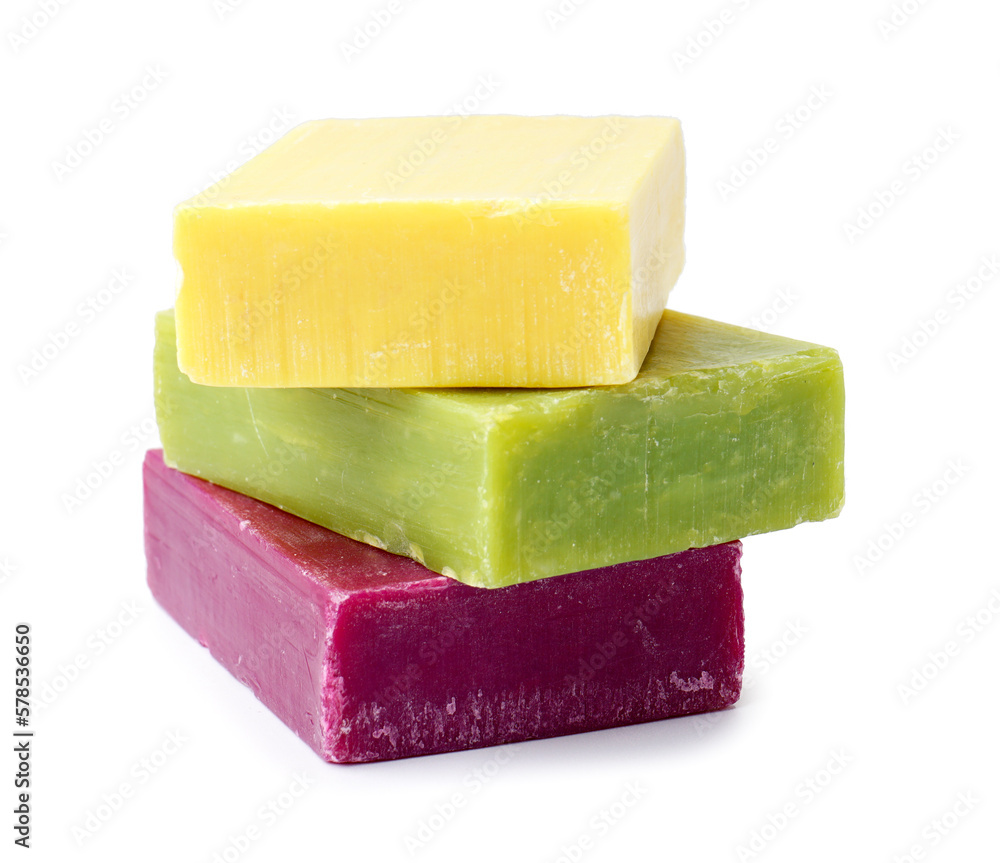 Colorful soap bars on white background