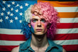 © wetzkaz - LGBTQ lesbian gay bisexual transgender, fictional person in front of slightly abstract american flag. Generative AI