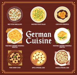 Sticker - German cuisine menu, Germany food dishes and meals, vector restaurant lunch and dinner. German cuisine food beef stew schnelklops and casserole spaetzle of sausage, apple and cheese streusel cakes