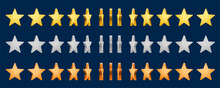Golden, Silver And Bronze Star Rotate Animation. Animated Game Sprite Sheet, Frame Sequence Of Vector 3d Rate, Score Or Bonus Stars Rotation Motion. Video Game Ui Assets, Glossy Metal Awards Or Medals