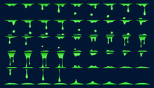 Green Slime Animation. Animated Sprite Sheets With Vector Dripping Green Liquid, Game Ui. Toxic Waste, Poison Or Halloween Monster Slime Cartoon Drops, Splashes And Blobs, Puddles And Splatters