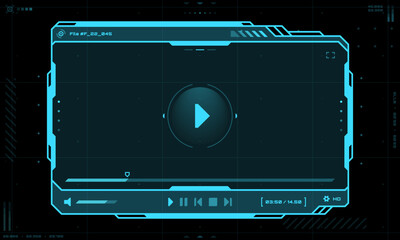 Poster - HUD video player screen interface and UI frame, vector futuristic template for live stream play. HUD video player hologram screen with buttons overlay, web movie or online video stream window panel