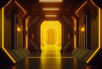 Wall Mural - Abstract backdrop artwork of a yellow neon light laser shining along a spacecraft corridor leading to an empty stage. Generative AI