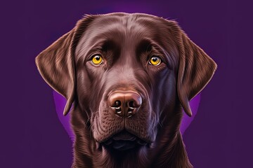 Wall Mural - Picture of a chocolate labrador retriever dog staring at the camera on a purple background, close-up. Generative AI