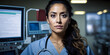 Latino woman nurse in hospital, wide, copyspace. Generative AI