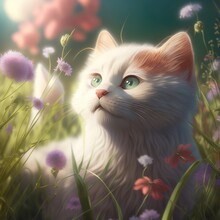 Delicate Summer Landscape With Wildflowers And Cat Generative AI