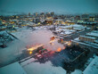 Dramatic aerial view of burned down building during winter