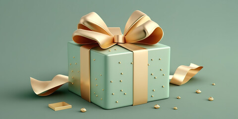 3D gift box, gold ribbon bow on blue pastel background. Present mockup for cosmetic product . Realistic gift with confetti . Copy space banner Birthday, valentine or Christmas 3d render