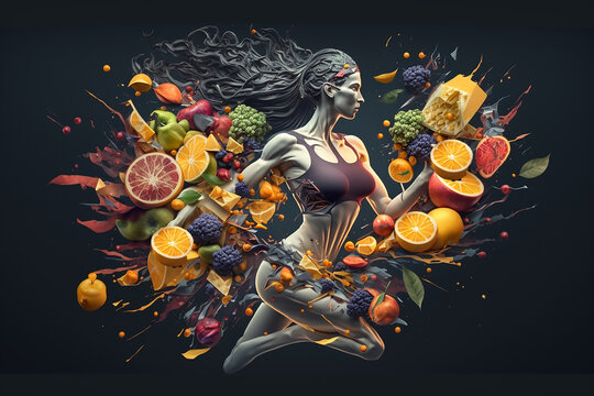 Proper nutrition food set for a healthy lifestyle. Healthy eating. Fruits vegetables pure water. organic . Generative AI. Diet. Calorie food. Beautiful body.