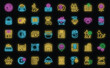 © ylivdesign - Pet restaurant icons set outline vector. Cafe interior. Room animal neon color on black