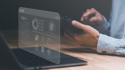 Aufkleber - Businessman planning annual tax deduction, tax rate calculation, and business financial budget, effective tax deduction planning ideas for individuals and companies, state taxes. Data analysis