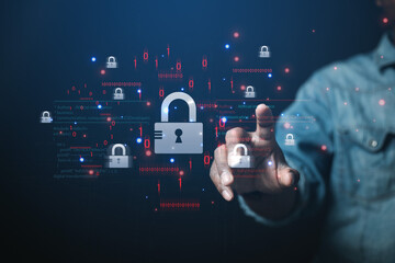 cybersecurity concept business man shows how to protect cyber technology network from attack by hack