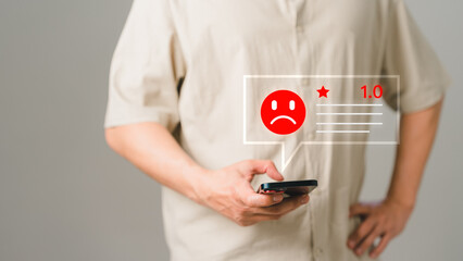 Poster - Man client with angry emotion face on virtual screen. Assessment testimonial review for dislike service and low quality. Business service concept of customer experience dissatisfied by smartphone.