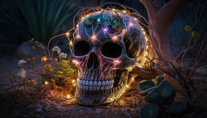 illustration of skull with flower decoration, idea for Day of the Dead of just horror romantic theme, Generative Ai
