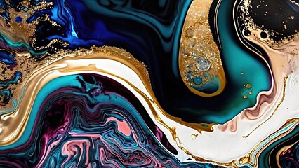 abstract background, swirl watercolor marble with swirl and flow in gradient galaxy color palette, colorful green blue purple gold, Generative Ai