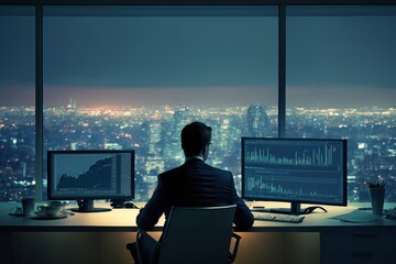 Rear view of businessman sitting in office and looking at city at night. Generative AI