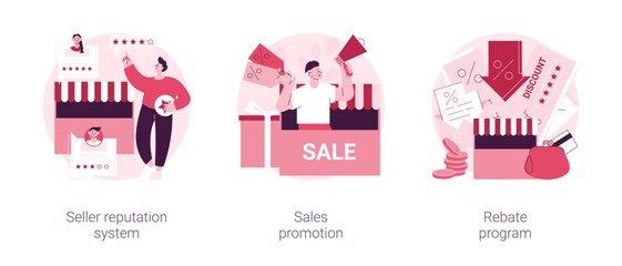 Retail sales strategy abstract concept vector illustration set. Seller reputation system, sales promotion, rebate program, advertising campaign, top rated product, discount coupon abstract metaphor.
