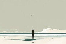 An Image Of A Person Standing Alone On A Beach Gazing Out At The Horizon Expressing A Yearning For Something More. Art Painting.. AI Generation.