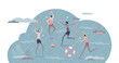 © VectorMine - Hydrotherapy and water cure for body disease treatment tiny person concept, transparent background. Physical exercise for health problem rehabilitation and healing with aquatic power illustration.