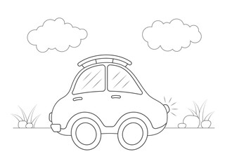  Little cartoon car on road. Children coloring book. vector illustration.